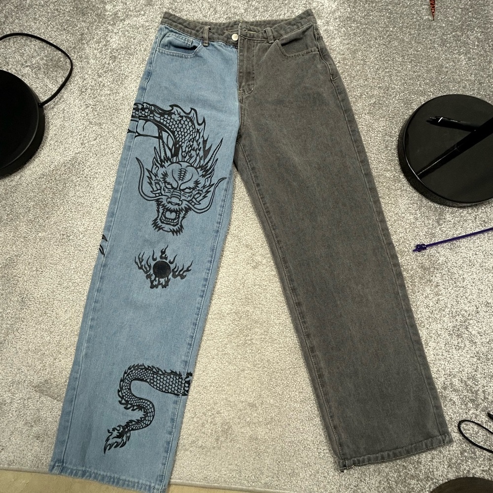 Dragon Print Two-Tone Jeans